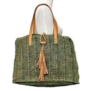 Cocobelle Straw Raffia Tote Shoulder Bag Leather Straps & Tassels Green